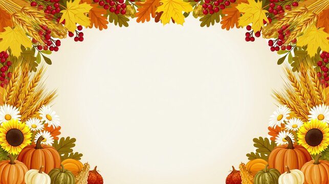Rustic Autumn Harvest Frame with Pumpkins, Sunflowers, Wheat and Red Berries on Warm Background
