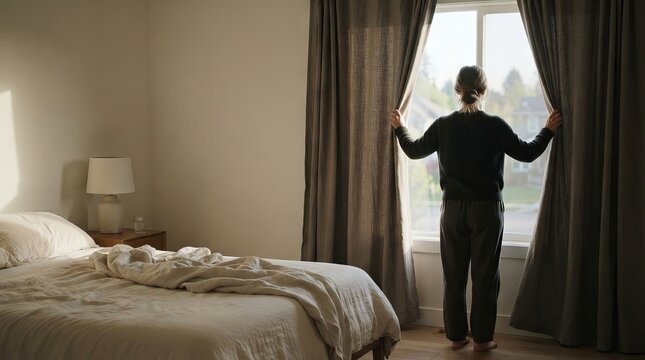 Person standing in bedroom opening curtains to let morning sunlight into cozy residential living space with streaming serene minimalist bright daylight streaming captures person behind daily ritual