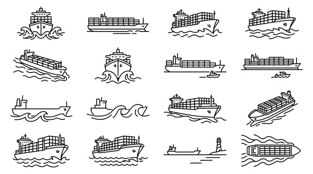 Container ship and maritime logistics outline icon set.