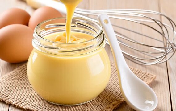 Custard in the glass jar with a spoon
