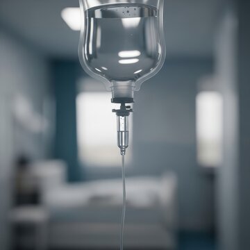 Medical IV Drip Infusion Bag Dispensing Saline Solution in a Hospital Room Setting