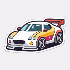 Fototapeta premium Modern white and orange sport racing car sticker vector illustration with spoiler, isolated on a light background, perfect for speed, automotive, and youth culture themes and dynamic designs.