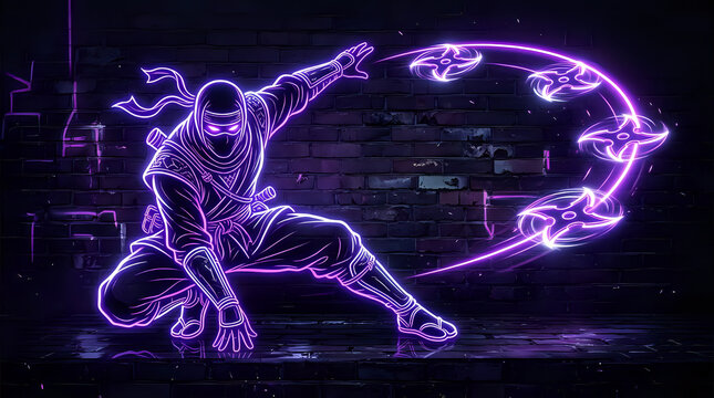 Neon purple ninja throwing shuriken star weapon glowing on dark textured brick wall