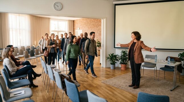 Woman welcoming participant seminar room group conference training audience enter modern meeting space with friendly gesture chair screen table plant clock