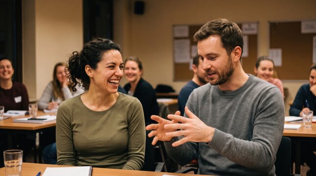 Laughing woman group exercise adult classroom workshop discussion people training learning smile during indoor seminar with man gesturing among diverse attendee