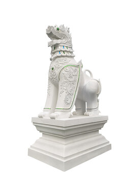 White Lanna Singha Guardian Lion Statue Isolated on  white Background