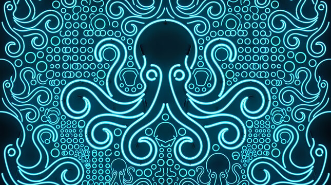 Stylized neon blue octopus illustration with ornate swirling tentacles on dark