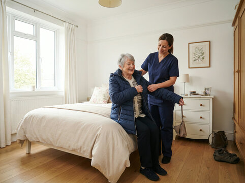 Care worker helping an elderly woman dress while seated on a bedroom bed