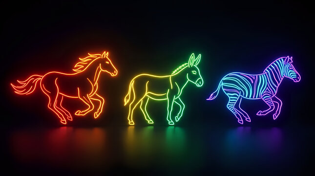 Group of three rainbow neon animal outlines horse donkey and zebra running
