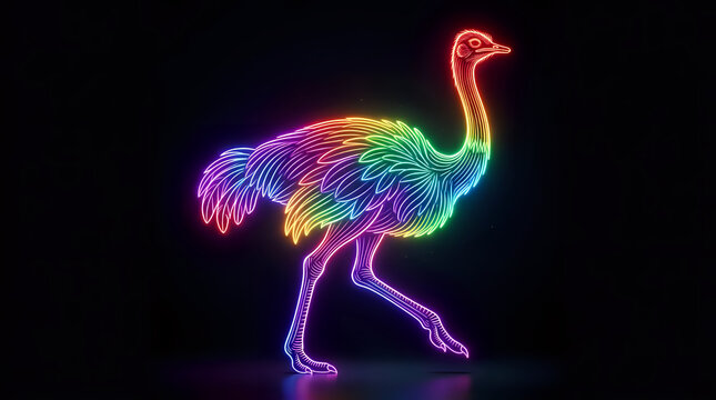 Rainbow colored neon outline of an ostrich walking on dark background with colorful