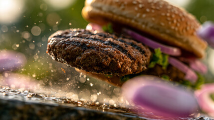 Fototapeta premium Close up of grilled burger patty falling onto fresh onion slices and greens