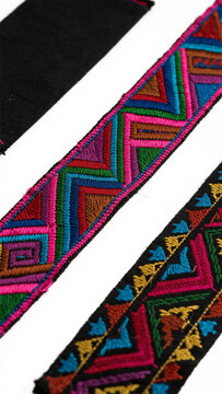 Authentic Southeast Asian hill tribe fabric stripe, colorful folk art embroidery design element