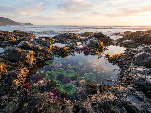Colorful sea urchins visible in a clear tidal pool among dark coastal rocks