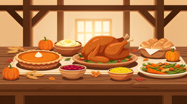 Friends enjoying Thanksgiving dinner together at home, autumn seasonal holiday celebration illustration, eating turkey and pie by window thanksgiving