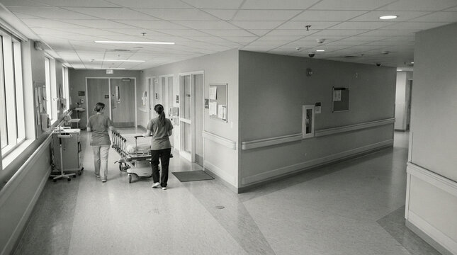Two healthcare workers push a wheeled hospital bed through a long clinical corridor