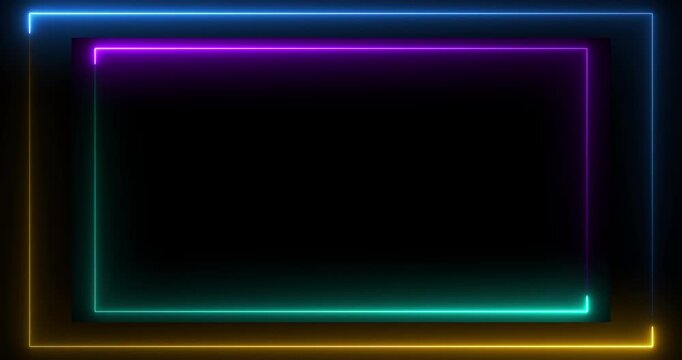 Neon Frame Border with Glowing Cyan Purple and Blue Lights on Black Background, Futuristic Rectangle Outline for Technology, Gaming and Digital Design