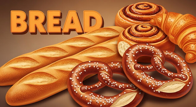 Assorted bread collection with freshly baked baguette pretzel and pastry items for a bakery and cafe branding illustration