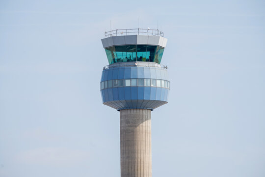 East Midlands Airport, Leicestershire, UK, July 24, 2026: Air traffic control tower against a clear blue sky