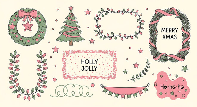 Hand Drawn Christmas Illustration Set Featuring a Festive Wreath Decorative Border Frame and Pine Tree in Pastel Pink and Green Colors