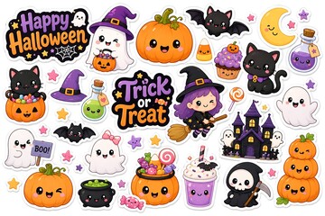 Fototapeta premium Cute Halloween Sticker Bundle with Ghost, Witch, Pumpkin, Black Cat, Candy and Potion