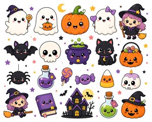 Naklejka premium Kawaii Halloween Sticker Bundle with Cute Ghost, Witch, Pumpkin, Bat, Cat and Candy