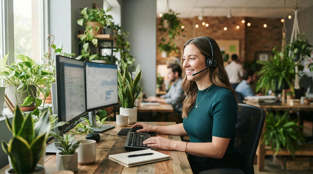 Female support agent speaks through headset at plant filled office workstation
