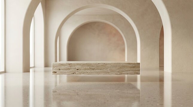 Minimalist Floating Travertine Stone Podium for Product Showcase in Luxury Arched Interior Design