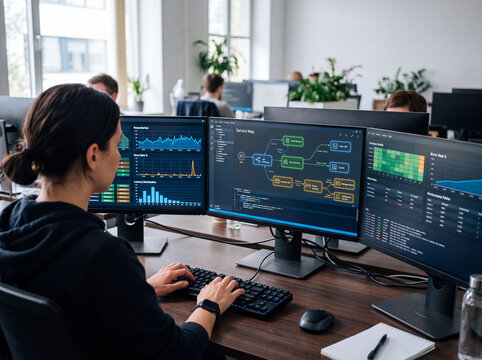 Software Engineer Monitoring Application Performance Across Multiple Screens