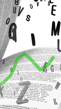 Animation of data processing with green line over book and letters