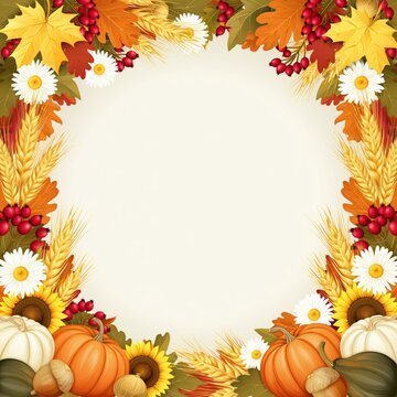 Rustic Autumn Harvest Frame with Pumpkins, Sunflowers, Wheat and Red Berries on Warm Background