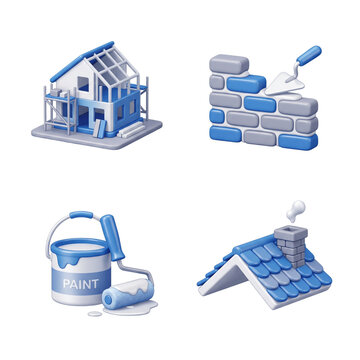 Construction and renovation icons set in blue and white 3d style