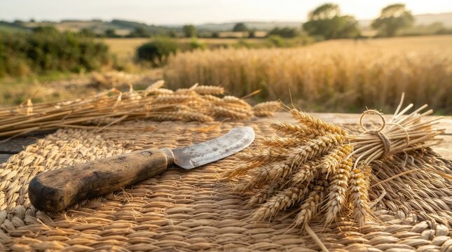 A traditional sickle resting on a woven basket with harvested wheat stalks in a golden field celebrating the spirit of international day of rural women