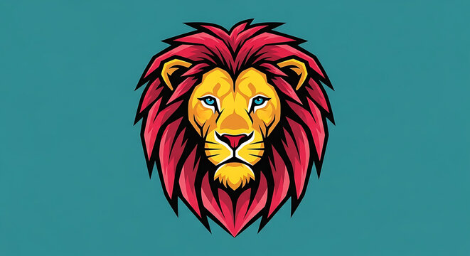 Predator A stylized lion head mascot logo of a majestic king with a bold red mane and piercing blue eyes depicting a fierce wild animal