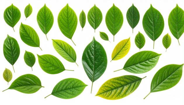 Variety of green leaves on white.