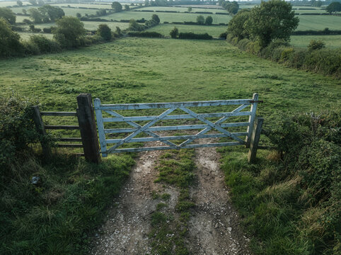 Weathered blue metal farm gate across a dirt path leading into green pasture