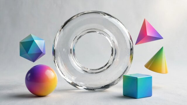 Collection of Geometric Shapes with Gradient Colors and Glass Material.