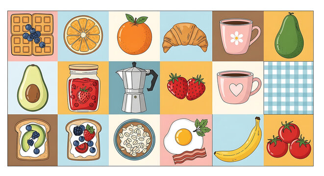 Colorful breakfast illustration featuring handdrawn food icons for a healthy meal brunch elements and a cozy morning routine