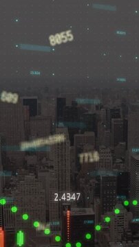 Animation of graphs, numbers and lines over cityscape