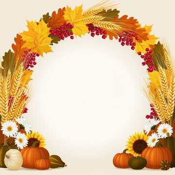 Rustic Autumn Harvest Frame with Pumpkins, Sunflowers, Wheat and Red Berries on Warm Background