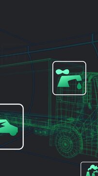 Animation of 3d wire frame truck with increasing fuel price symbols on computer graphic screen