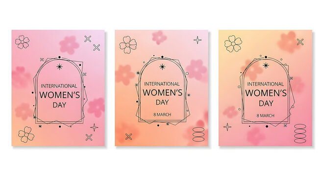 International Womens Day poster set with gradient background and floral line art in pastel colors for a modern banner design