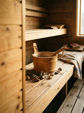 Wooden sauna interior featuring a bucket, ladle, stones, and shelves lined with books