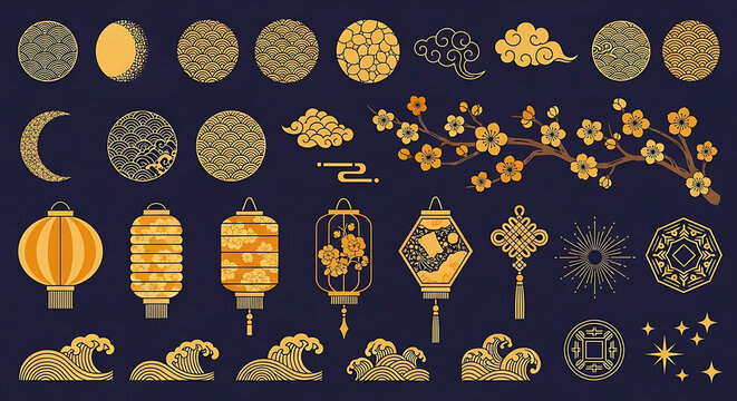 A collection of Chinese lanterns traditional oriental ornaments golden cherry blossoms auspicious clouds and decorative waves for Lunar New Year