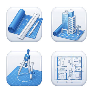 Blue architecture app icons featuring blueprints and building plans