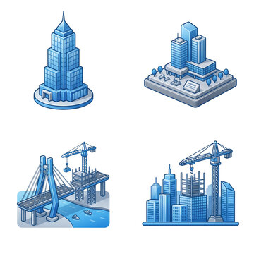 Blue isometric urban development and city icons
