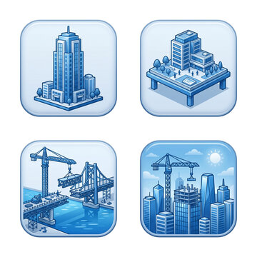 Isometric city architecture and bridge construction icons