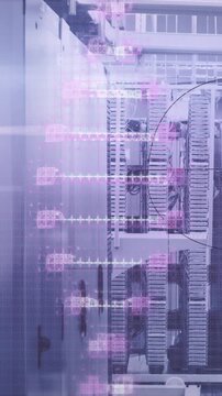 Animation of data processing and dna strand over server room