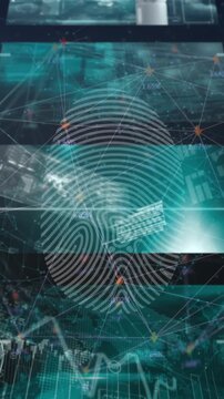Animation of fingerprint over shapes and digital screens