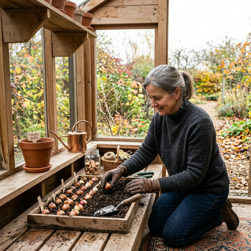 A woman kneels inside a greenhouse in a lush outdoor garden setting under soft natural daylight