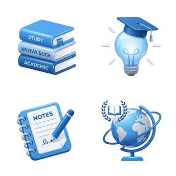 Blue 3d school and study icons with text labels